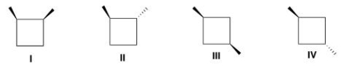Which of the following compounds does not have a plane of symmetry?   A) Only I and II B) Only II C) Only III and IV D) Only I, II, and IV