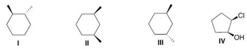 Which of the following cyclic molecules is a meso compound?   A) I B) II C) III D) IV