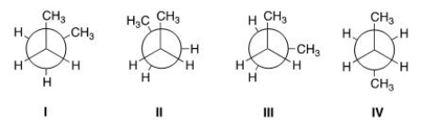 Rank the conformers of butane in order of decreasing stability, putting the most stable first.   A) IV > I > II > III B) IV > I > III > II C) II > III > I > IV D) I > IV > II > III