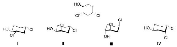 Which of the following is the most stable conformation of the following compound?   A) I B) II C) III D) IV