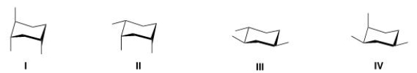 Rank the conformers of 1,2,4-trimethylcyclohexane in order of decreasing stability, putting the most stable first.   A) I > II > III > IV B) III > II > IV > I C) III > IV > II > I D) I > II > IV > III