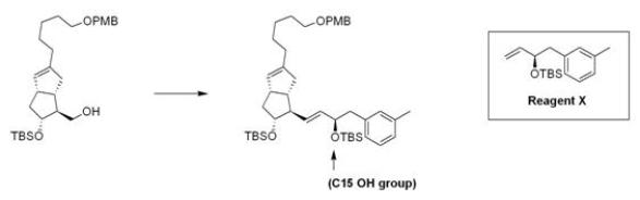 <sup> </sup>The stereoselective introduction of the C15 OH group on the w side chain of prostaglandins has presented a challenge for synthetic chemists.Recently, Mulzer and co-workers demonstrated a new route in which the wside chain is synthesized independently and then attached to the bicyclic counterpart.What is the appropriate sequence of reagents for the following synthesis?   A) (1)  PBr<sub>3</sub>; (2)  Grubbs' catalyst, Reagent X; (3)  KOC(CH<sub>3</sub>) <sub>3</sub> B) (1)  PCC; (2)  Ph<sub>3</sub>P=CH<sub>2</sub>; (3)  Grubbs' catalyst, Reagent X C) (1)  PBr<sub>3</sub>; (2)  Ph<sub>3</sub>P=CH<sub>2</sub>; (3)  Grubbs' catalyst, Reagent X D) (1)  TsCl, pyridine; (2)  Grubbs' catalyst, Reagent X; (3)  KOC(CH<sub>3</sub>) <sub>3</sub>