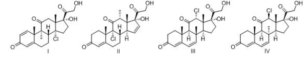 What is the structure of a cortisone derivative that has a C=C between C6 and C7, methyl group at C8 and chlorine at C12? The configuration of C8 is S and the configuration at C12 is R.   A) I B) II C) III D) IV