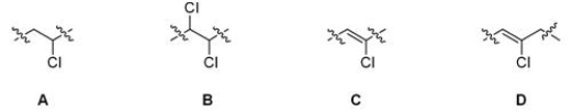 Which of the following is the repeating unit in polyvinyl chloride (PVC) ?   A) A B) B C) C D) D