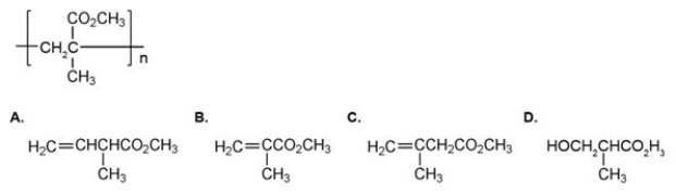The repeating unit of poly(methyl methacrylate)  is shown below.Which one of the following is the monomer used to make poly(methyl methacrylate) ?   A) A B) B C) C D) D