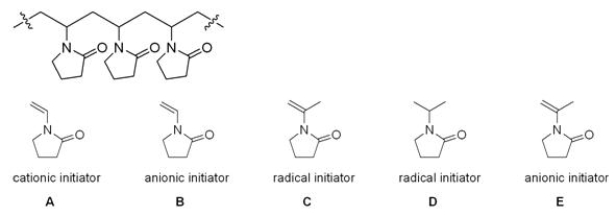 Which monomer and which type of initiator would you use to synthesize the following polymer?   A) A B) B C) C D) D E) E