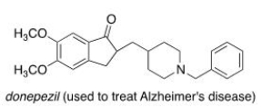 Consider the molecule donepezil (used to treat Alzheimer's disease) .Which of the following lists the correct functional groups present in donepezil?   A) Amide, aromatic, ether, ketone B) Amide, aromatic, ester, ketone C) Amine, aromatic, ester, ketone D) Amine, aromatic, ether, ketone