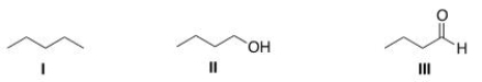 Rank the following compounds in order of increasing strength of intermolecular forces, putting the molecule with the weakest intermolecular force first.   A) I < II < III B) II < I < III C) I < III < II D) II < III < I