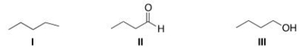 Rank the following compounds in order of increasing melting point, putting the compound with the least melting point first.   A) II < I < III B) I < III < II C) I < II < III D) III < II < I