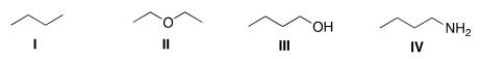 Which of the following compounds would be expected to be more soluble in hexane (C<sub>6</sub>H<sub>14</sub>) ?   A) I B) II C) III D) IV