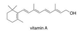 Which of the following statements about vitamin A, drawn below, is true?   A) Vitamin A is soluble in H<sub>2</sub>O. B) Vitamin A is insoluble in organic solvents. C) Vitamin A contains an aromatic ring. D) Vitamin A is insoluble in H<sub>2</sub>O.