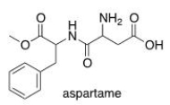 Which of the following lists the correct functional groups found in aspartame, the artificial sweetener?   A) Amine, aromatic, carboxylic acid, ether, ketone. B) Amine, amide, aromatic, carboxylic acid, ester. C) Amide, alcohol, aromatic, carboxylic acid, ether. D) Amine, aromatic, carboxylic acid, ester, nitrile.