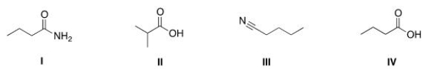 Rank the following compounds in order of decreasing boiling point, putting the compound with the highest boiling point first.   A) I > III > IV > II B) IV > II > I > III C) IV > I > II > III D) I > IV > II > III