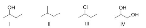 Rank the following compounds in order of increasing strength of intermolecular forces.   A) I > III > IV > II B) IV > II > I > III C) IV > I > III > II D) I > IV > II > III