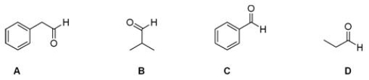 Which of the following aldehydes would be a good starting material in the Strecker synthesis of phenylalanine?   A) A B) B C) C D) D