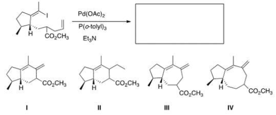 What would be the major organic product of the following Heck reaction?   A) I B) II C) III D) IV