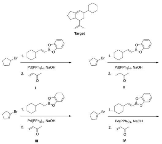 <sup> </sup>What is the appropriate sequence of starting material and reagents that will produce the target molecule shown below?   A) I B) II C) III D) IV