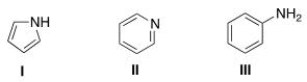 What is the correct assignment of the names of the following aromatic amines?   A) I = pyrrolidine; II = pyrimidine; III = aniline. B) I = pyrrole; II = pyrimidine; III = anisole. C) I = pyrrolidine; II = pyridine; III =aniline. D) I = pyrrole; II = pyridine; III = aniline.