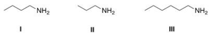 Arrange the following amines in order of decreasing water solubility, putting the most soluble amine first.   A) I > II > III B) II > I > III C) III > I > II D) II > III > I