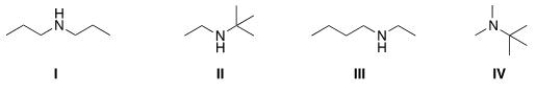 <sup> </sup>A compound with molecular formula C<sub>6</sub>H<sub>15</sub>N exhibits a singlet at d 0.9 (1H) , a triplet at d 1.10 (3H) , a singlet at d1.15 (9H) , and a quartet at d 2.6 (2H)  in its <sup>1</sup>HNMR spectrum.Its IR spectrum shows one medium absorption band near 3400 cm<sup>-1</sup>.What is the structure of this compound?   A) I B) II C) III D) IV