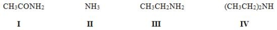 Rank the following compounds in order of increasing basicity, putting the least basic first.   A) II < III < IV < I B) I < II < III < IV C) IV < III < II < I D) II < I < III < IV