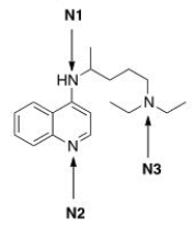<sup> </sup>Rank the nitrogen atoms in chloroquine, shown below, in order of decreasing basicity, putting the most basic nitrogen atom first.   A) N1 > N2 > N3 B) N2 > N1 > N3 C) N3 > N2 > N1 D) N3 > N1 > N2