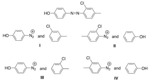 What starting materials are required to synthesize the following azo compound?   A) I B) II C) III D) IV