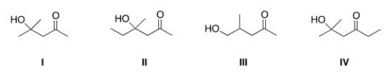 What is the Aldol addition product formed from the reaction of acetone, (CH<sub>3</sub>) <sub>2</sub>CO, with itself?   A) I B) II C) III D) IV