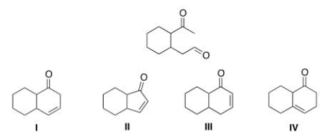<sup> </sup>What is the cyclic product formed in the intramolecular Aldol condensation when the following compound is treated with aqueous NaOH?   A) I B) II C) III D) IV