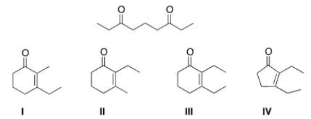 <sup> </sup>What cyclic product is formed in the intramolecular Aldol condensation when the following compound is treated with aqueous NaOH?   A) I B) II C) III D) IV