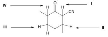Which is the most acidic proton in the following compound?   A) I B) II C) III D) IV