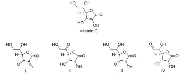 Vitamin C is a stable enediol.Which is the structure of a possible keto form in equilibrium with the enediol form?   A) I B) II C) III D) IV