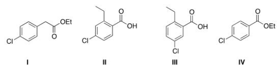 What is the structure for ethyl 4-chlorobenzoate?   A) I B) II C) III D) IV