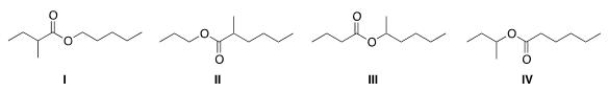 What is the structure for the compound whose IUPAC name is pentyl 2-methylbutanoate?   A) I B) II C) III D) IV