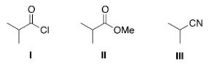 Rank the following compounds in order of increasing reactivity in nucleophilic acyl substitution.   A) I > II > III B) III > II > I C) II > III > I D) III > I > II
