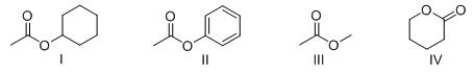 Which of the following compounds will have the lowest frequency for carbonyl absorption in IR spectroscopy?   A) I B) II C) III D) IV