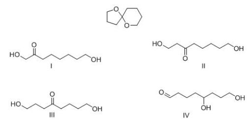 What product is formed when the following acetal is hydrolyzed with aqueous acid?   A) I B) II C) III D) IV