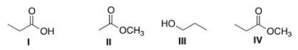 Arrange the following compounds in order of increasing water solubility, putting the least soluble compound first.   A) I < II < III < IV B) II < I < III < IV C) I < III < II < IV D) IV < II < III < I