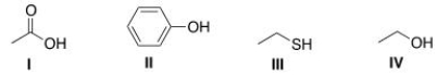Arrange the following compounds in order of increasing acidity, putting the least acidic first.   A) I < II < III < IV B) IV < III < II < I C) III < IV < II < I D) IV < II < III < I