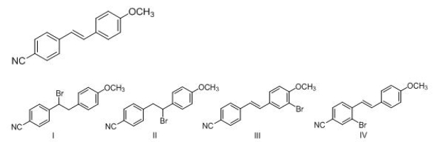 What is the major product of electrophilic addition of HBr to the following alkene?   A) I B) II C) III D) IV