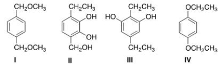 <sup> </sup>What is the structure of a compound of molecular formula C<sub>10</sub>H<sub>14</sub>O<sub>2</sub> that shows a strong IR absorption at 3150 ¾2850 cm<sup>-1</sup> and gives the following <sup>1</sup>H NMR absorptions: 1.4 (triplet, 6H) ; 4.0 (quartet, 4H) ; and 6.8 (singlet, 4H)  ppm?   A) I B) II C) III D) IV