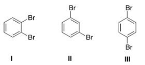 What is the correct assignment of the number of signals in the <sup>13</sup>C NMR spectra of the following disubstituted benzene derivatives?   A) I = 3 signals; II = 3 signals; III = 2 signals. B) I = 3 signals; II = 4 signals; III = 2 signals. C) I = 6 signals; II = 6 signals; III = 6 signals. D) I = 3 signals; II = 4 signals; III = 3 signals.