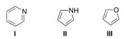What is the correct assignment of the names of the following aromatic heterocycles?   A) I = pyridine; II = pyrimidine; III = furan. B) I = pyrimidine; II =pyrrole; III = furan. C) I = pyridine; II = pyrrole; III = furan. D) I = pyrimidine; II = pyrrole; III = tetrahydrofuran.