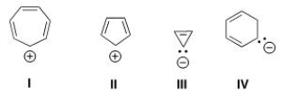 Which of the following ions is aromatic?   A) I B) II C) III D) IV