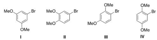 What is the correct structure for 1-bromo-2,4-dimethoxybenzene?   A) I B) II C) III D) IV
