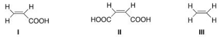 <sup> </sup>Rank the following dienophile in order of increasing reactivity in a Diels-Alder reaction, listing the least reactive first.   A) I< II < III B) III < I < II C) II < I < III D) III < II < I
