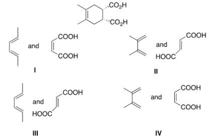 What diene and dienophile are used in a Diels-Alder reaction to prepare the following compound?   A) I B) II C) III D) IV