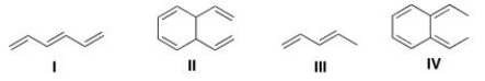 Which of the following compound absorbs UV light at the longest wavelength?   A) I B) II C) III D) IV