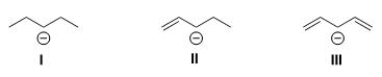 Rank the following anions from most to least stable, listing the most stable first.   A) I> II > III B) III > II > I C) I > III > II D) III > I > II