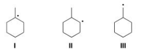 Rank the following radicals in order of increasing stability, putting the least stable first.   A) III< I < II B) I < II < III C) III < II < I D) I < III < II